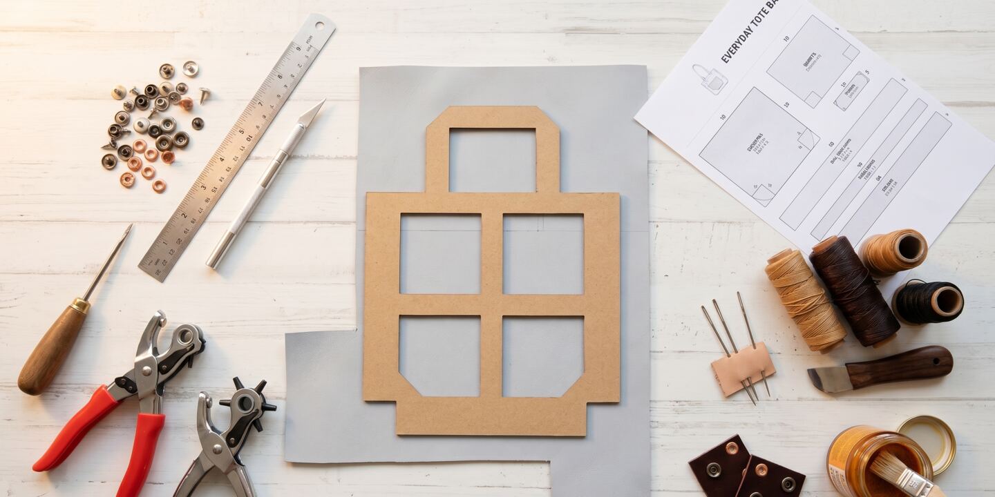 Mesa de taller con cuero, molde en cartón, herramientas y hilo encerado — los 5 pasos para hacer carteras artesanales