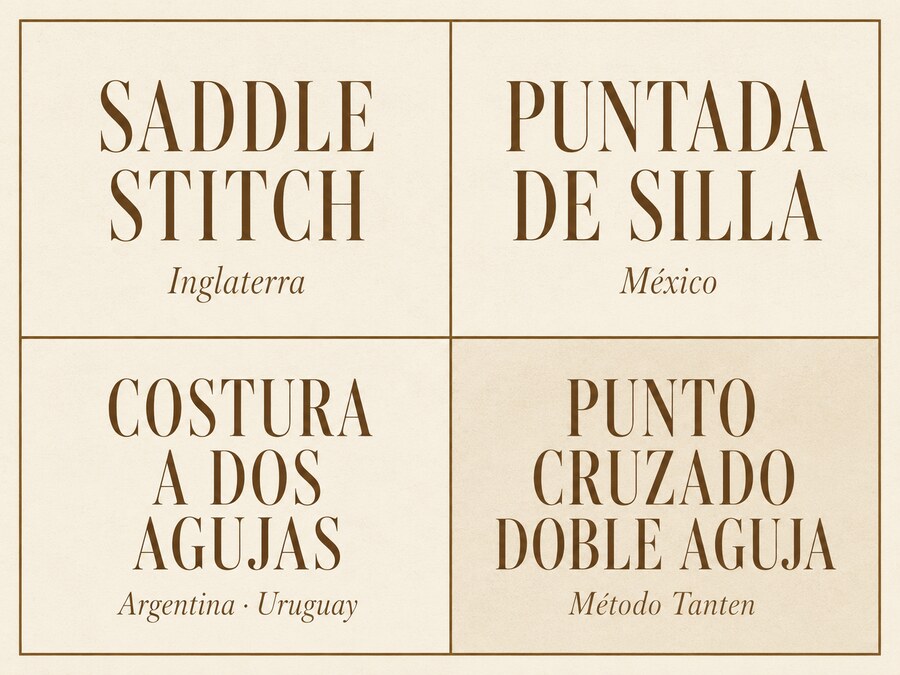Nombres regionales del saddle stitch: puntada de silla, costura a dos agujas y Punto Cruzado Doble Aguja (nombre Tanten)