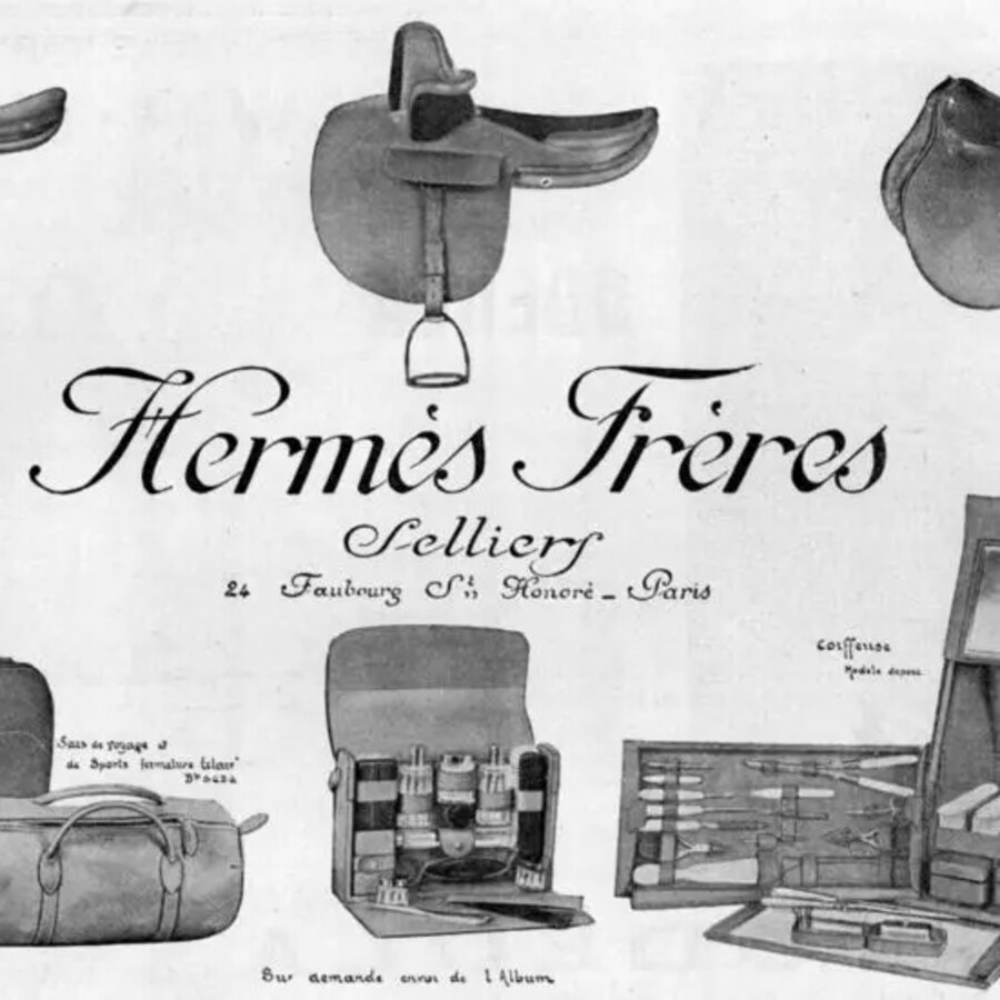 Catálogo original Hermès Frères Selliers (París, 1900) — inicio de la historia de los bolsos artesanales de cuero