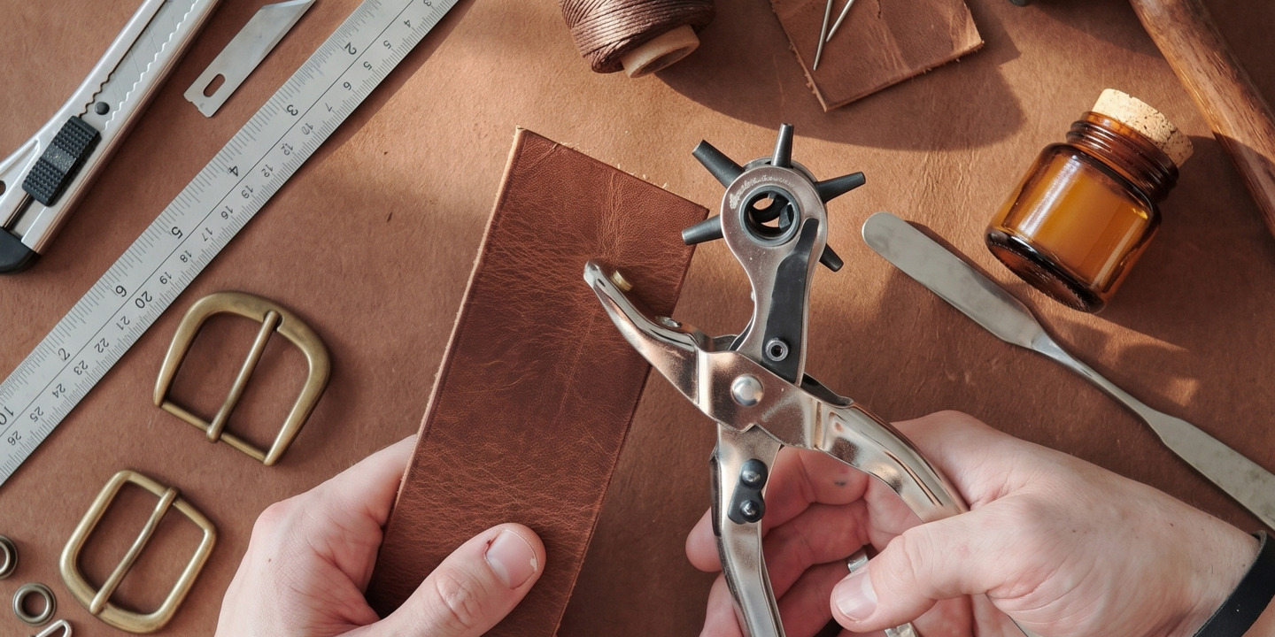 Materiales para hacer carteras de cuero artesanal: cuero, hilo, cúter y herramientas sobre mesa de taller